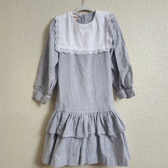 VTG Mousefeathers Size 6 Grey White Striped Lace Collar Puff Sleeve Ruffle Dress - Picture 2 of 16